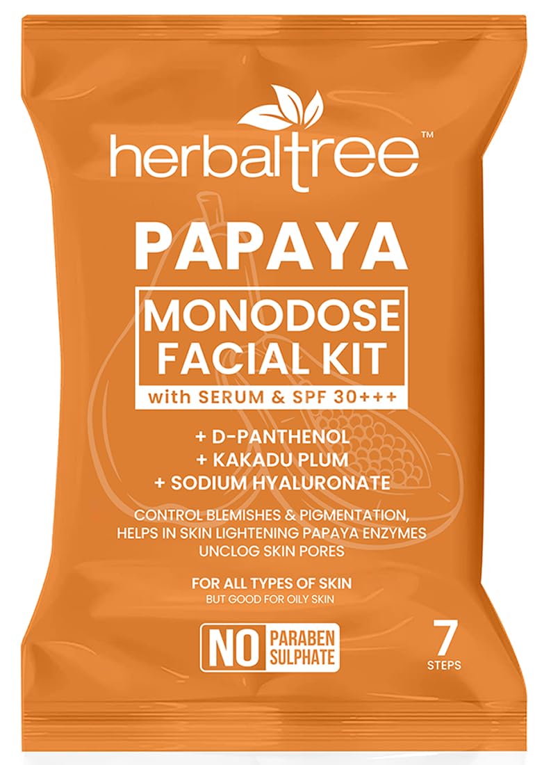 Herbaltree Papaya Monodose Facial Kit with SPF 30+++ for Blemishes & Pigmentation, Lighten Skin Tone, Hydration with Papaya Ext, Kakadu Plum & Hyaluronic Acid & Unclog Pores for women & men (44 gm)