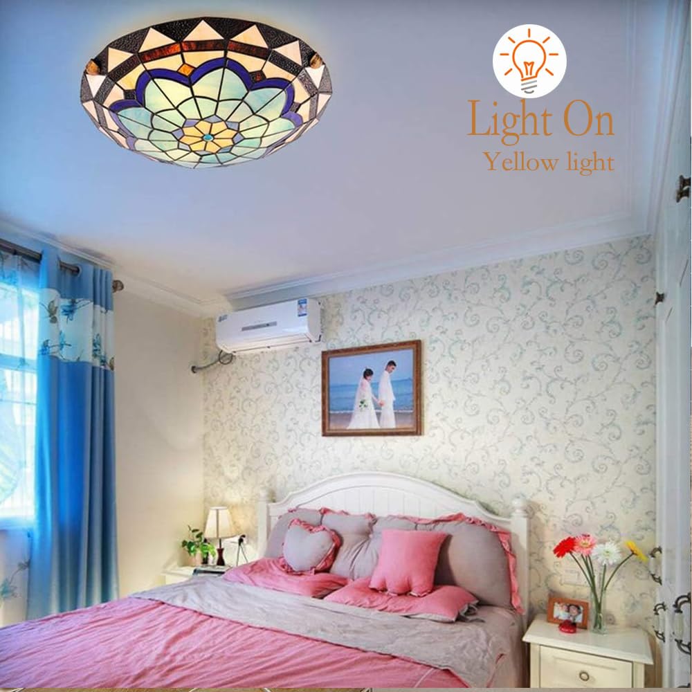 JUDU Retro Deckenleuchte Tiffany Stil Deckenlampe Handgefertigte Kunst Glas Lampenschirm Decken Beleuchtung E27 Leuchte für Wohnzimmer Schlafzimmer Esszimmer Korridor Badezimmer Balkon (M(30cm))