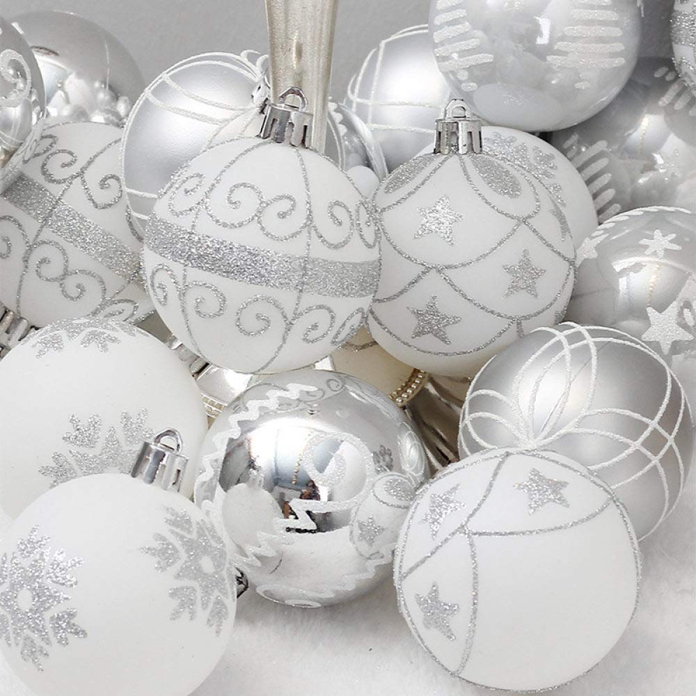 décoration de Noël 24pcs Boules de Noël 6cm Ornements décorations d'arbre de Noël incassables Grande Boule de Boule en PVC Suspendue pour la fête à la Maison de Noël, Argent, 6cm