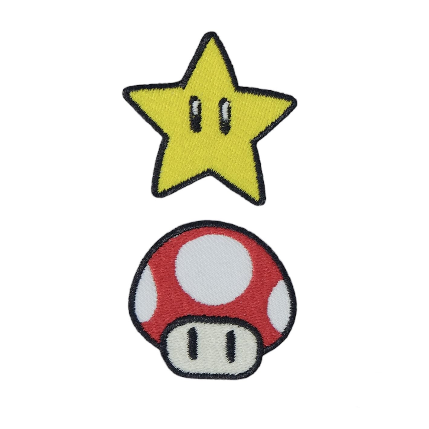 Nowhere Store 2 pcs Mari Mushroom (Toadstool) & Star - Iron-on Patches - Embroidery Applique Patches for Jackets, Jeans, Clothes Decorative, Backpacks, Bag, Handkerchief, etc.