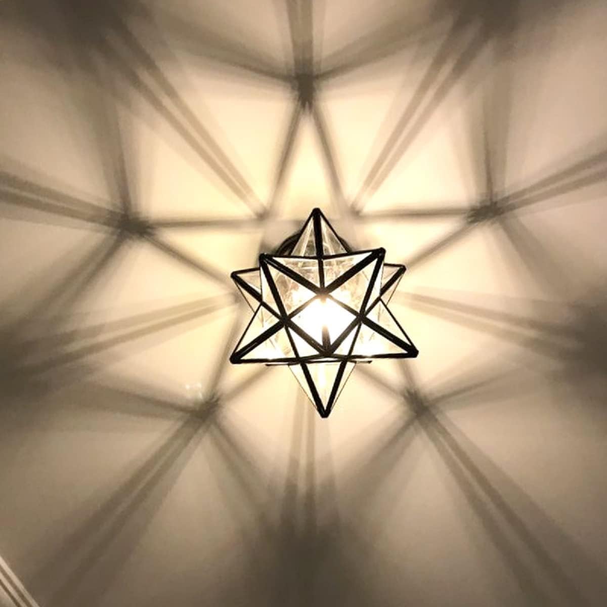 Outdoor Moravian Star Light, Flush Mount Ceiling Light Fixture with Clear Glass Shade Black Metal Finish for Entryway, Hallway, Bedroom, Kitchen Art Deco Lights