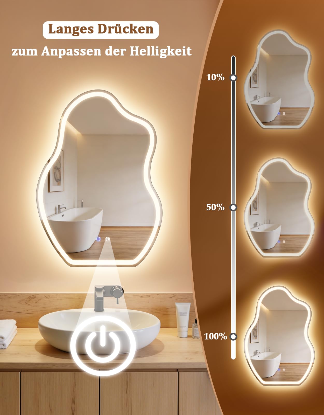 Asymmetrisch Badspiegel Mit Beleuchtung,50x70cm LED Bad Wandspiegel | Badezimmer Wandspiegel Mit Licht, IP44 50x70 cm Asymmetrischer Organischer Groß Gäste WC Badezimmerspiegel Mit Beleuchtet