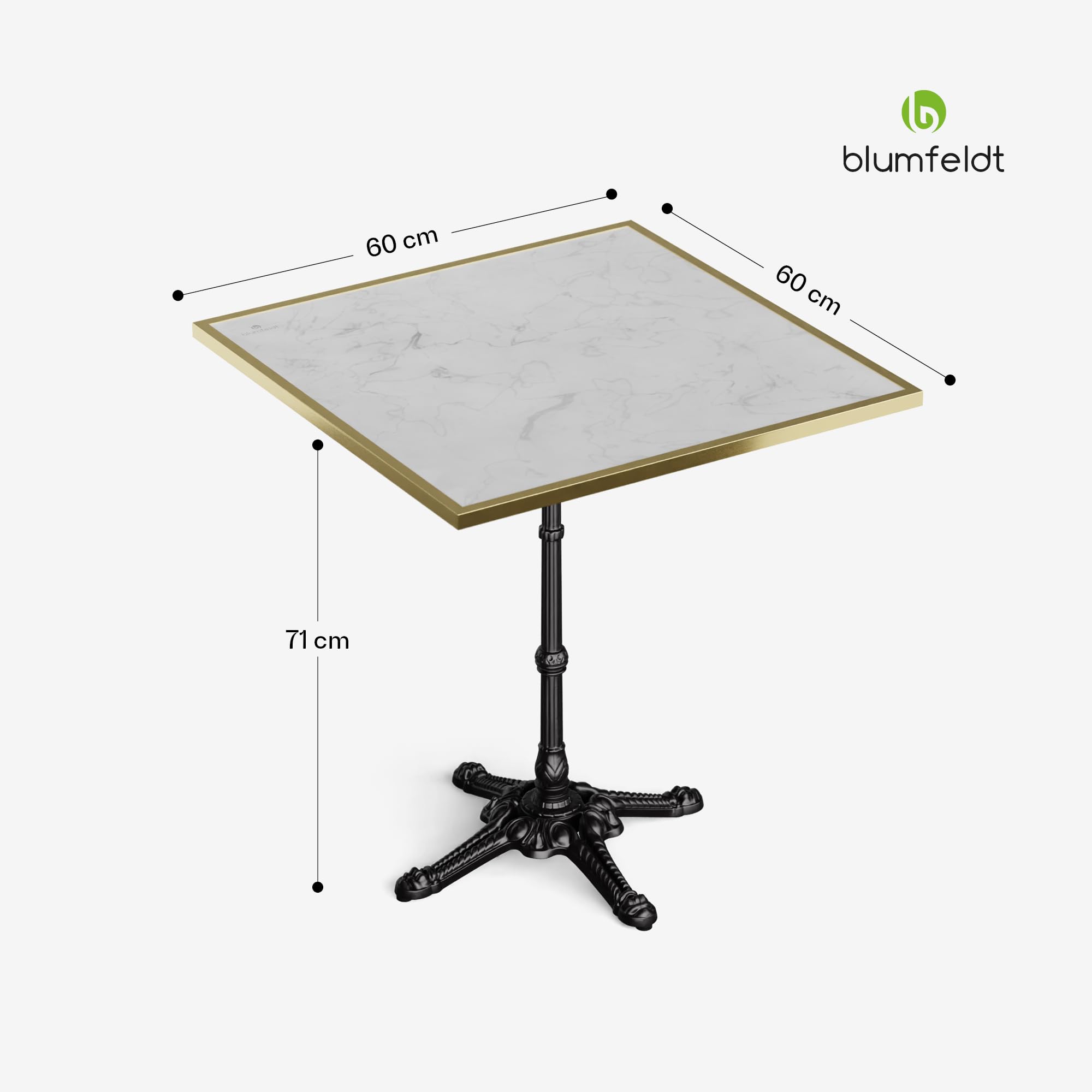 blumfeldt Bistrotisch – 60x60 cm Marmorplatte, Jugendstil-Design, Wetterfest, Gusseisenfuß, Ideal für Garten & Balkon, Einfacher Aufbau