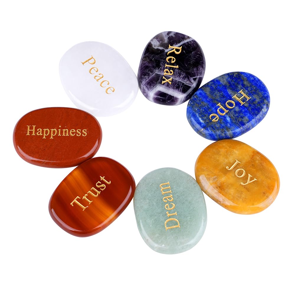 TGS Gems Set of 7 Chakra Stones - Reiki Healing Crystal with Engraved Inspirational Word Palm Stones(7 Different Words)