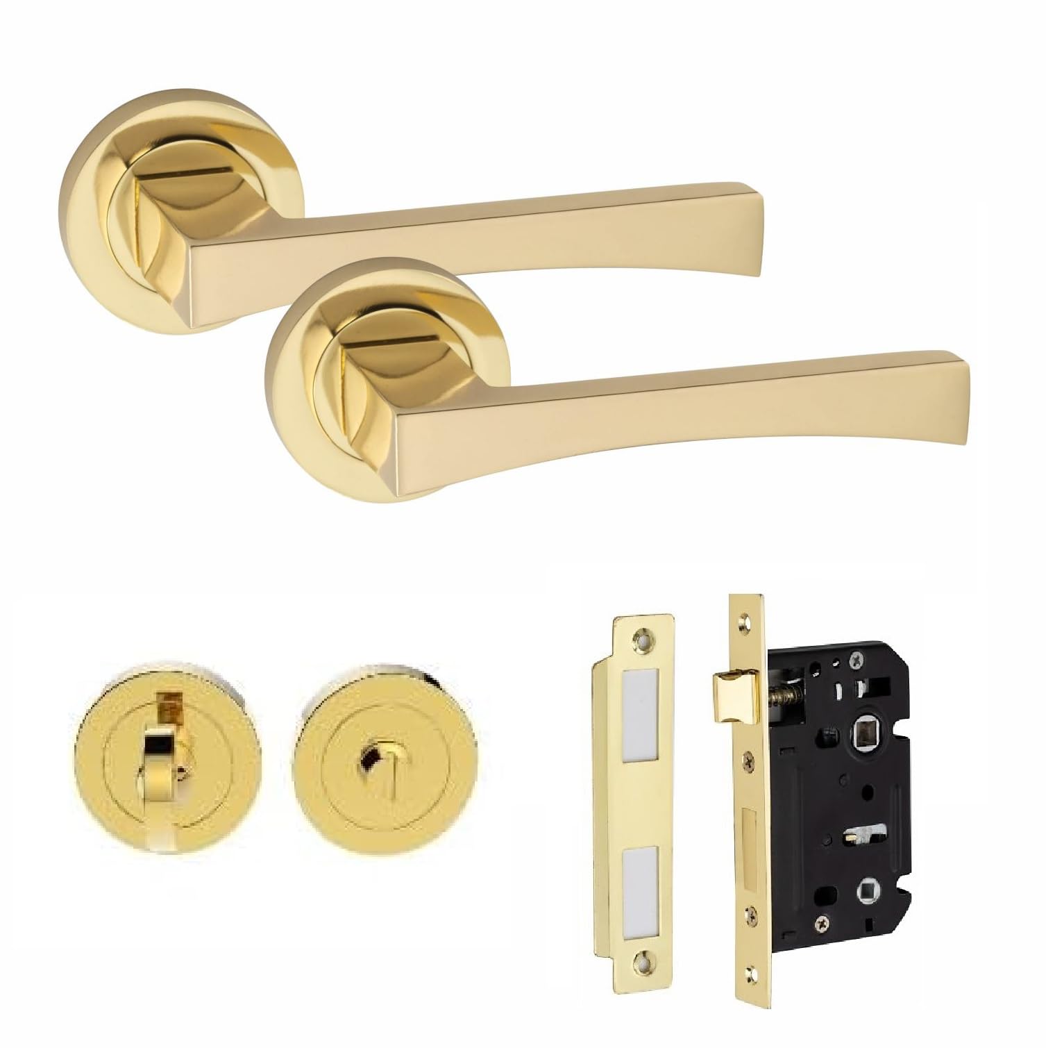 Golden Grace Wave Design Bathroom WC Toilet Door Handles Set on Round Rose in Electro Brass Finish with 64mm Bathroom Mortise Lock & Thumbturn