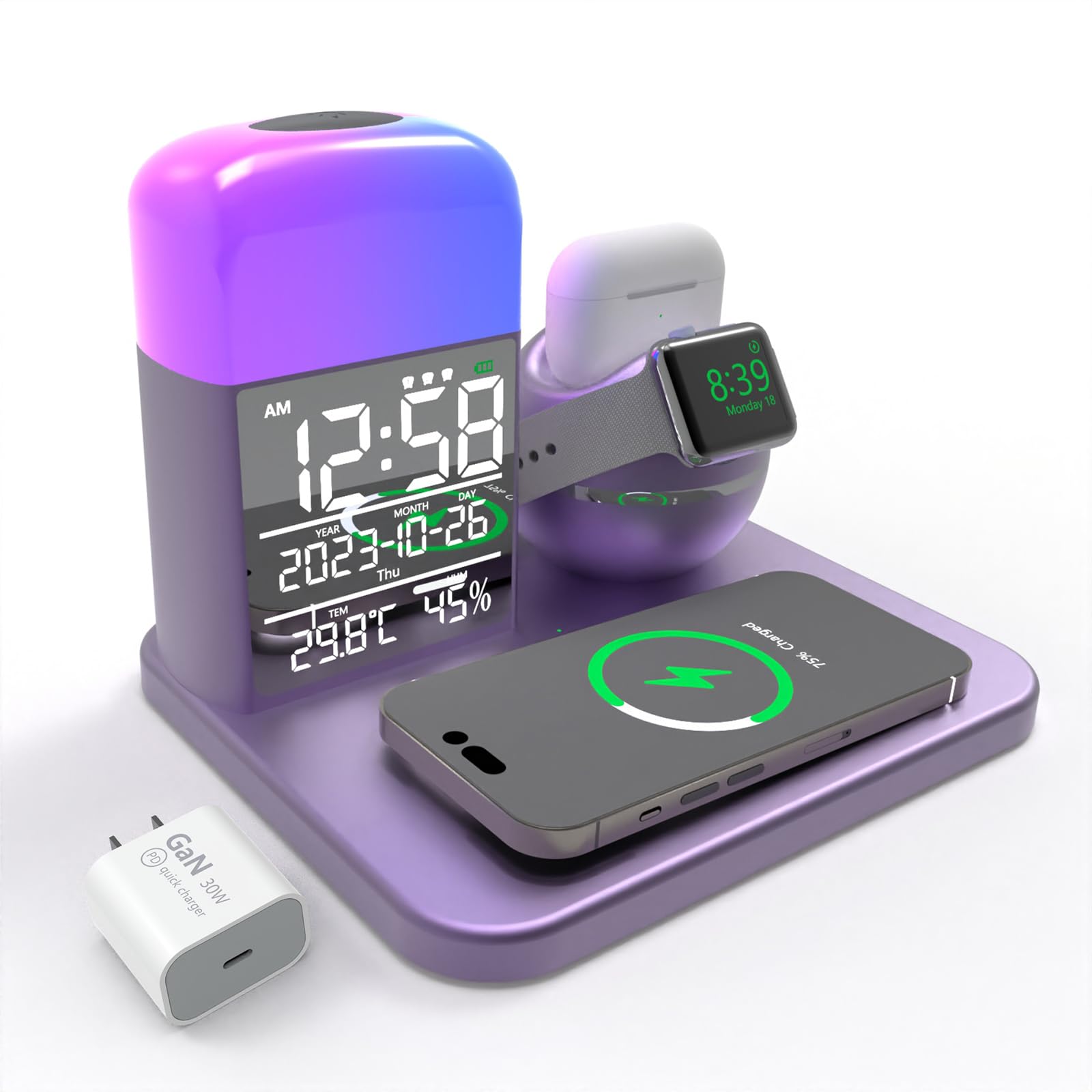 3 in 1 Wireless Charging Station,Wireless Charger for iPhone 15/14/13/12/Pro/Max/XS/Plus.for Apple Watch 9/8/7，for AirPods 3/2,Digital Alarm Clock with Night Light for Office Bedroom (Purple/Silvery)