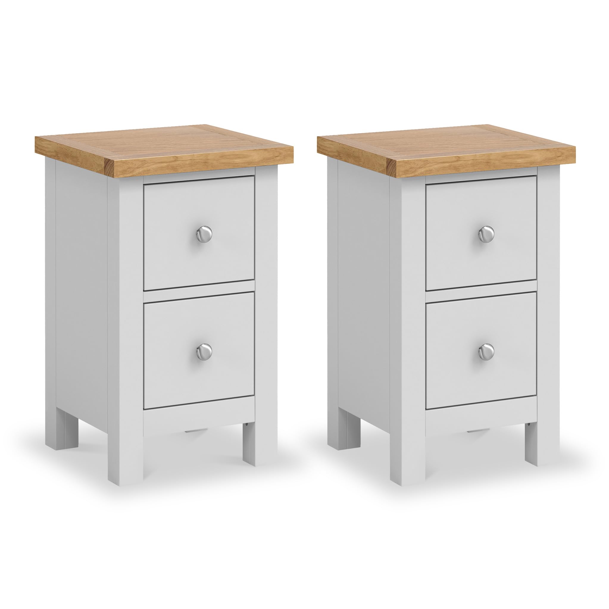 Farro Grey Slim Bedside Tables Set of 2 Cabinet Units with Oak Tops | Roseland Furniture Pair of Solid Wood Painted Side End Nightstands with 2 Drawer Storage for Bedroom | Fully Assembled