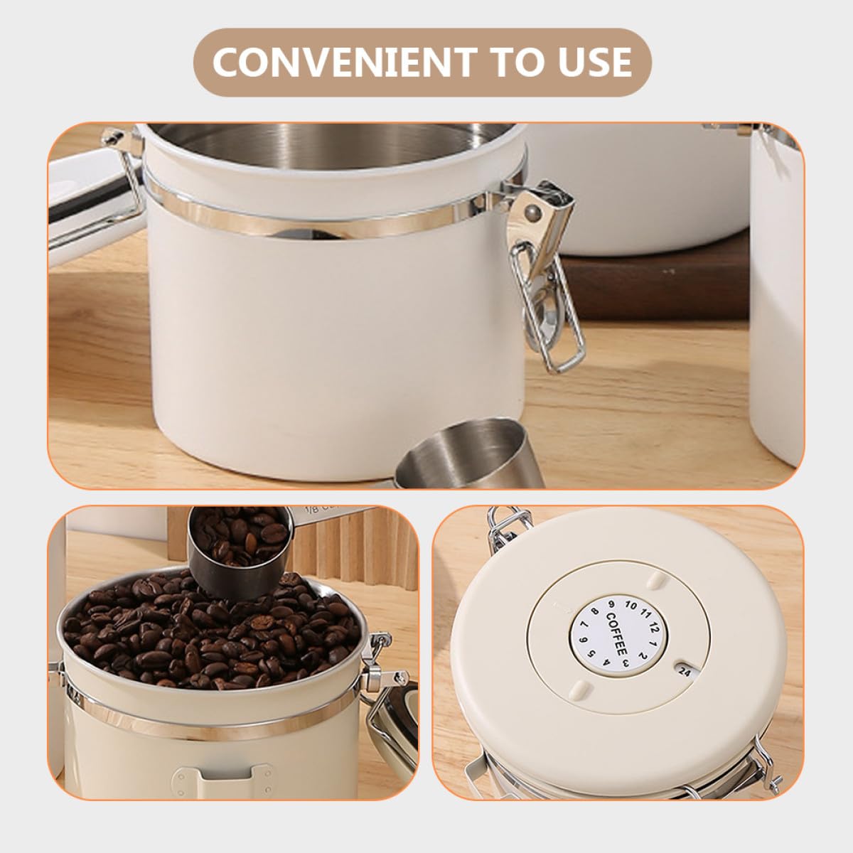 Recipiente Sellado de Acero Inoxidable 1.2l con Cuchara para Almacenamiento de Café y Té, Frasco Hermético Beige con Buena Hermeticidad para Uso en Oficina