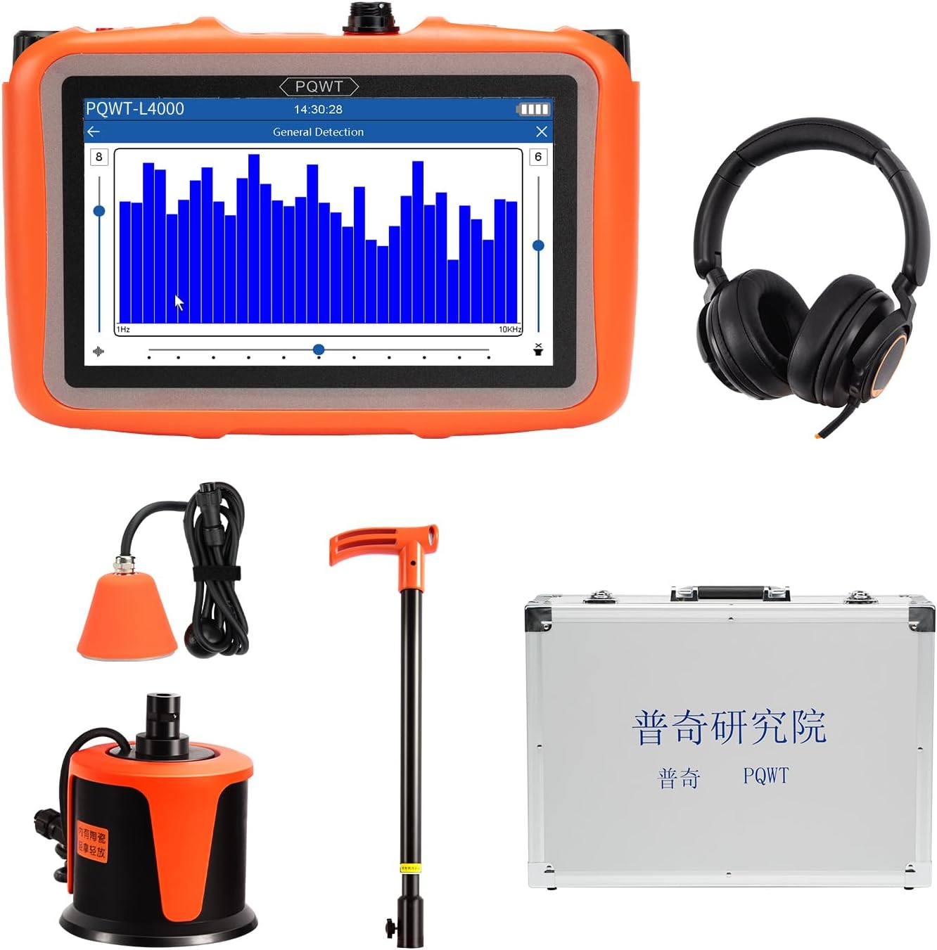 PQWT L4000 Underground Water Leak Detectors Indoor Outdoor Wall Water Pipe Detector Machine Multi Sensor Acoustic Pipeline Leakage Detection Kit Noise Reduction Headphone Smart Touchscreen Carry Case