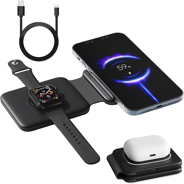 PINRUIGE Wireless Charger, 3 in 1 Wireless Charging Station Foldable Charger Compatible with iPhone 14 13 12 11/Pro Max/XR/XS Max/SE/XS/X/8/8 Plus, iWatch 8/7/6/SE/5/4/3/2, Airpods Pro/3/2 (Black)