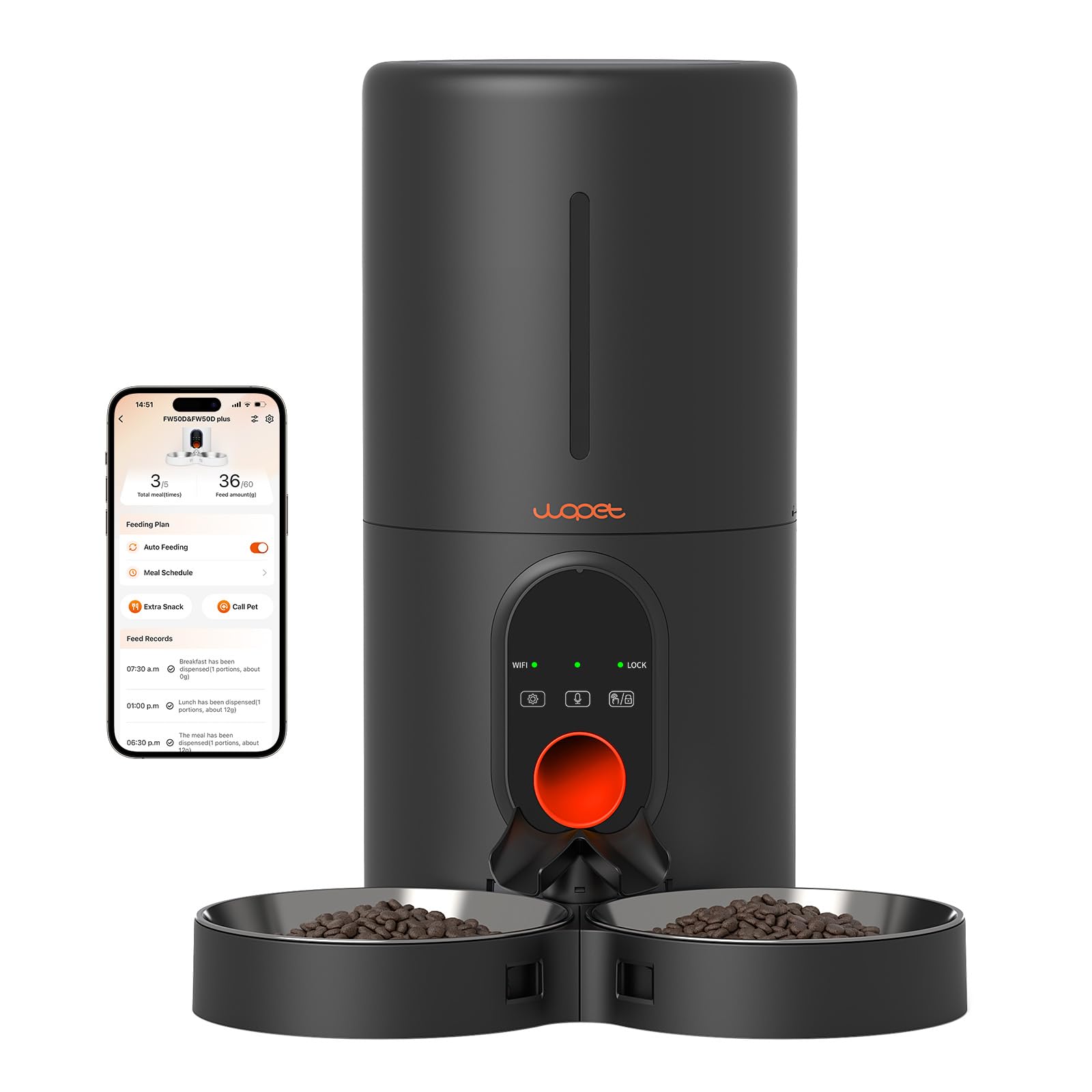 WOPET Automatic Cat Feeder, 5G WiFi Pet Feeder for Two Cats or Dogs with Remote Control, 6L Cat Food Dispenser with Low Food Sensor, 1-10 Meals Per Day, Up to 10s Meal Call for Pets