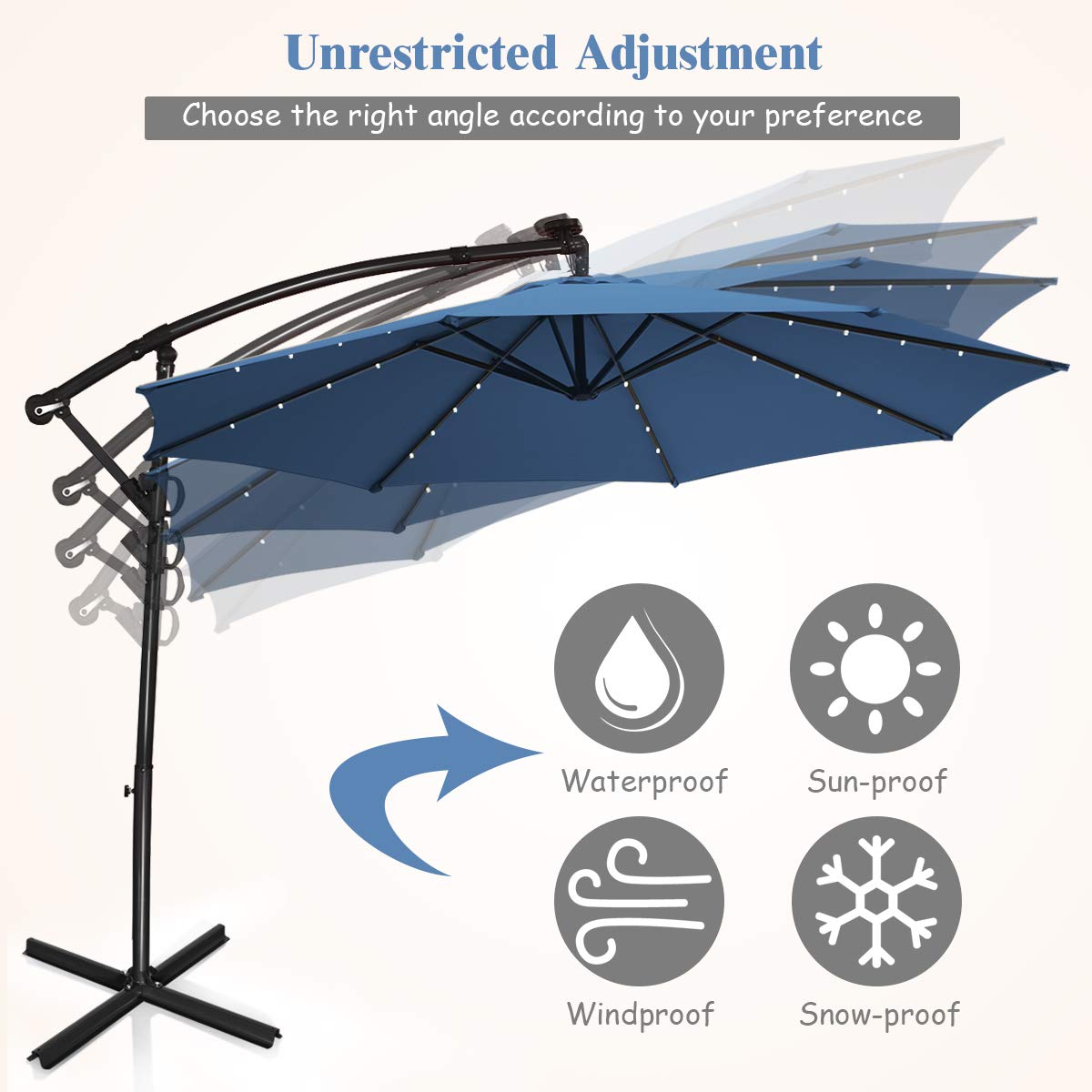 Amazon.com : Tangkula 10 FT Solar Patio Umbrella, Offset Cantilever Outdoor  Umbrella with 360 Degree Rotation, Aluminum Pole, Easy Tilt Adjustment,  Crank Handle & Cross Base for Pool Deck Garden Backyard :