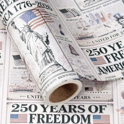 WRAPAHOLIC Kraft Patriotic Wrapping Paper Roll - Mini Roll - 17 Inch x 16.5 Feet - 250 Years of Freedom America Vintage Newspaper Wrapping Paper for Independence Day 4th of July