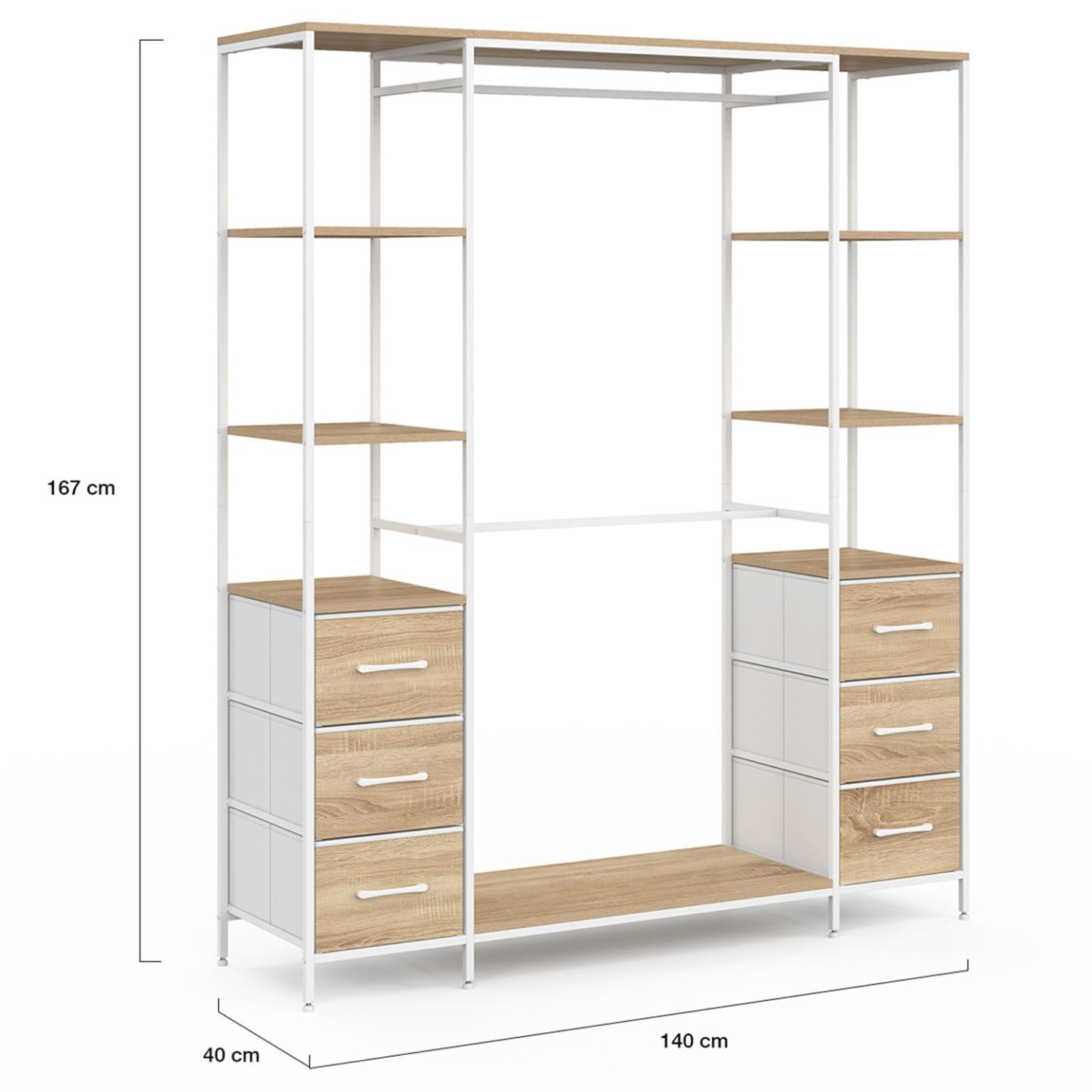 IDMarket - Vestidor doble perchero + doble columna L. 140 cm UTAH con 6 estantes y 6 cestas de tela, madera y blanco