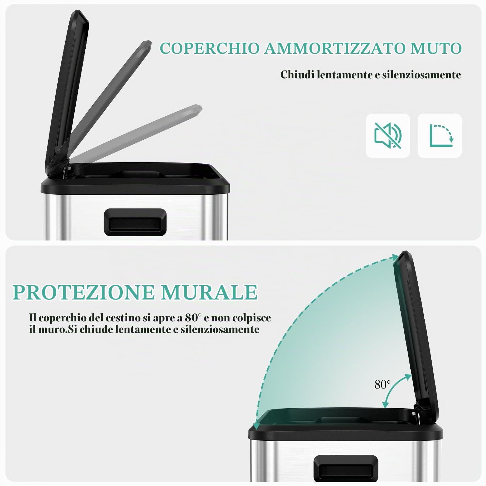 LIFERUN Pattumiera da Cucina 40 L, Acciaio Inox, Secchio in Plastica Rimovibile, Cestino a Pedale con Coperchio Maniglie Chiusura Morbida, Colore Argento
