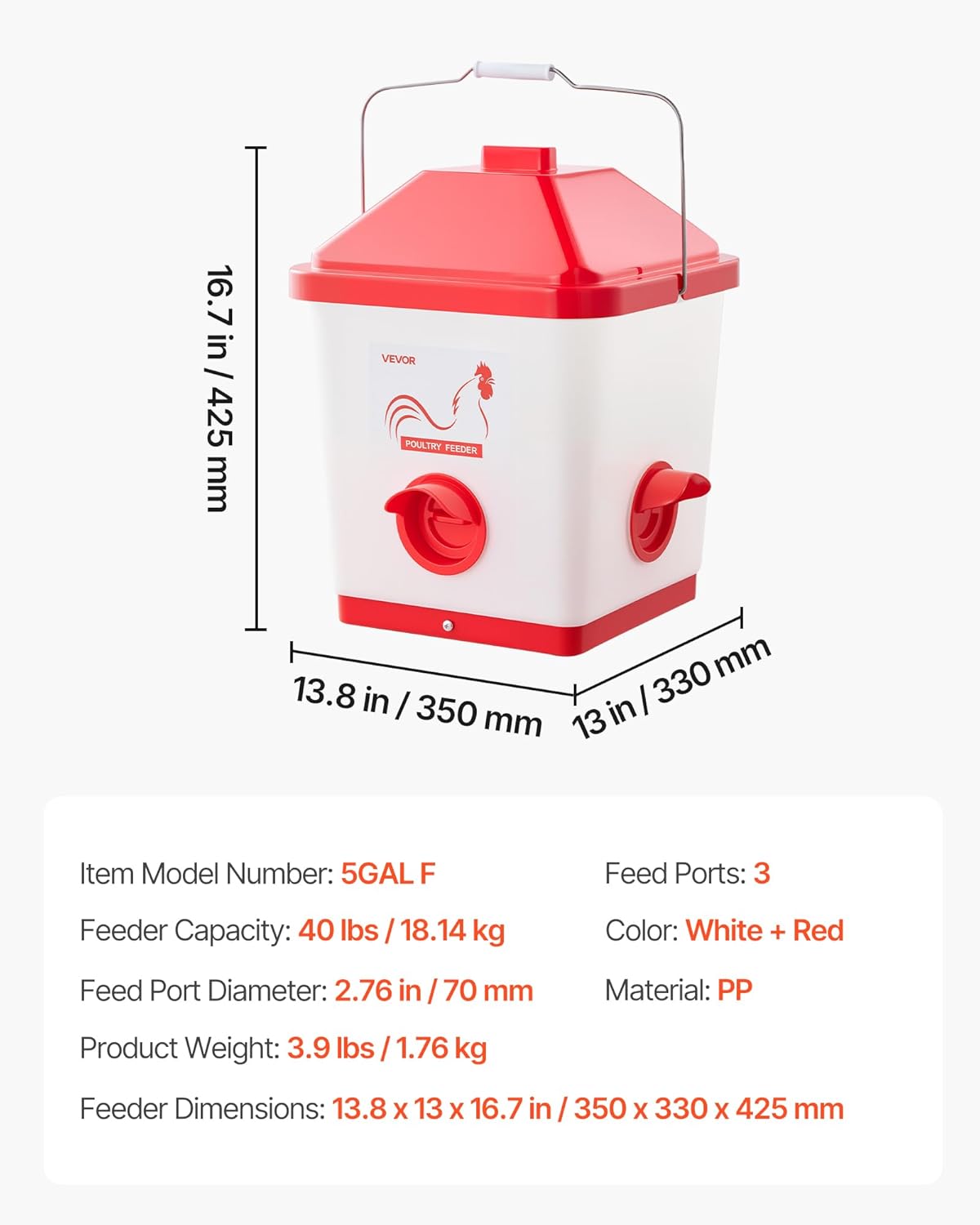 VEVOR Automatic Chicken Feeder, 40 Pounds Capacity, Large Gravity Hanging Poultry Feeder Dispenser with Handle, No Waste Rainproof Design, 3 Feeding Ports, Inside or Outside Hen Coop, for Chickens