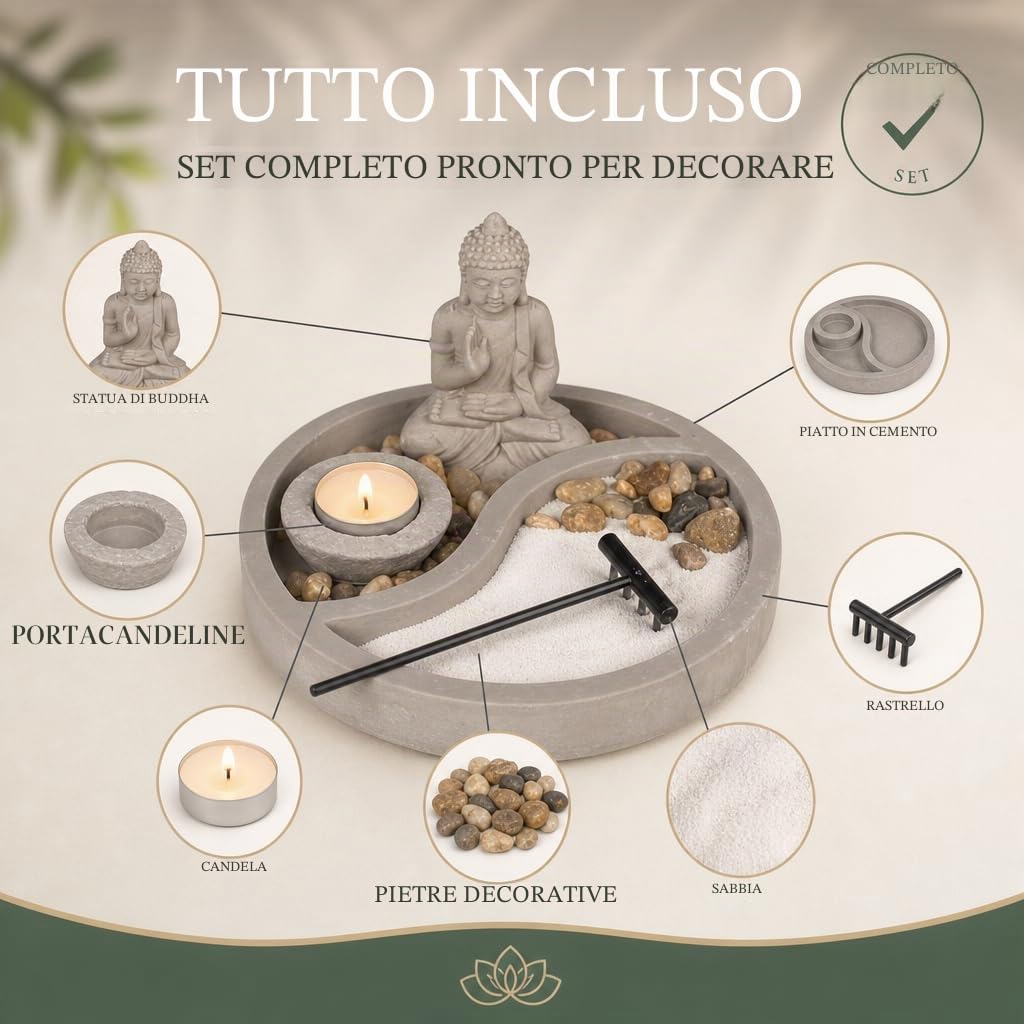Mijoma Statuetta di Buddha su piatto di cemento con porta candeline, rastrello, pietre decorative e sabbia, set da giardino Zen per la pace e l'armonia (Ø 19 cm)