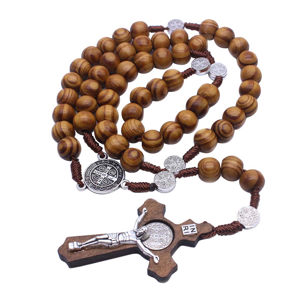 GuDeKeUnisex Jewelry Handmade Wooden Rosary Beads Necklace Saint Benedict Wood Rosary Necklace