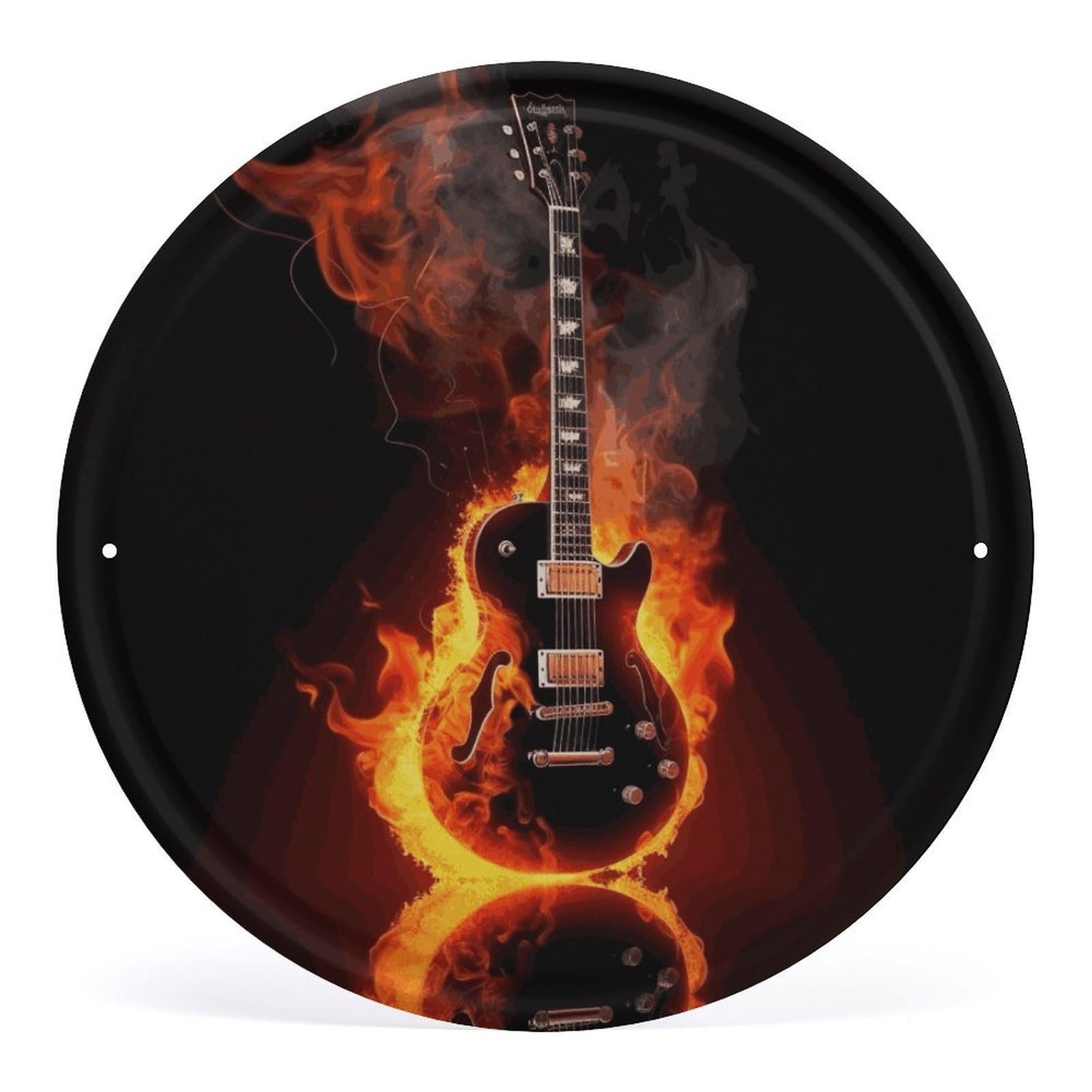 Fodpand Style Fire Guitar Round Wall Art Hanging Decorations, Wall Decor Modern Minimalist Artwork, Tin Sign Hanging Picture For Living Room, Bedroom, Office, Hallway, 11.8X11.8 Inch