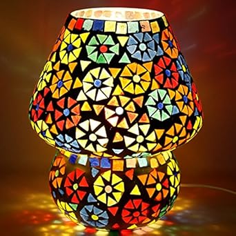 Earthenmetal 6.5 inches Mushroom Shaped Glass Table lamp for Bedside Living & Home Decoration Turkish lamp (Multicolour, Bulb not Included); Made in India