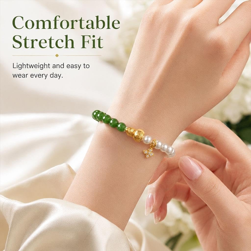 Bracciale Con Perline Di Giada E Perle, Design Bicolore Elegante