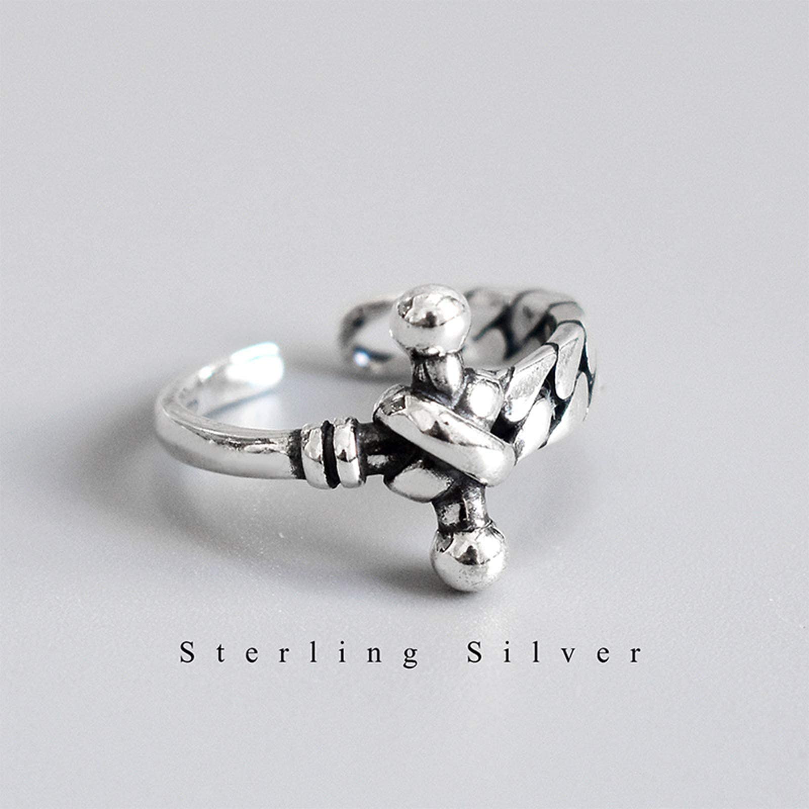 Retro-Kettenring aus 925er Sterlingsilber für Damen mit Kreuzanhänger, Verstellbarer Edelstahl, stilvoller Ring für Teenager, Jungen und Mädchen
