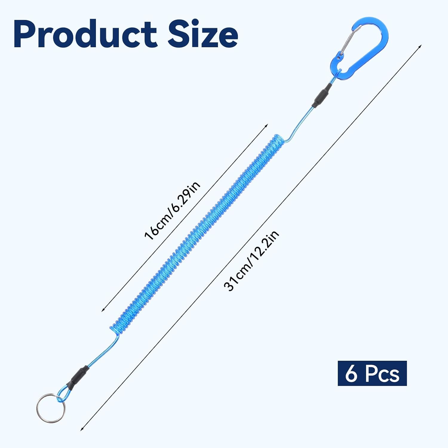 Coiled Lanyards with Carabiner, 6 Pcs Retractable Safety Fishing Lanyard Stretchy Stainless Steel Wire Coiled Lanyard Ring and Quick Release Detachable Buckle for Fishing Camping Hiking Key Card Tool