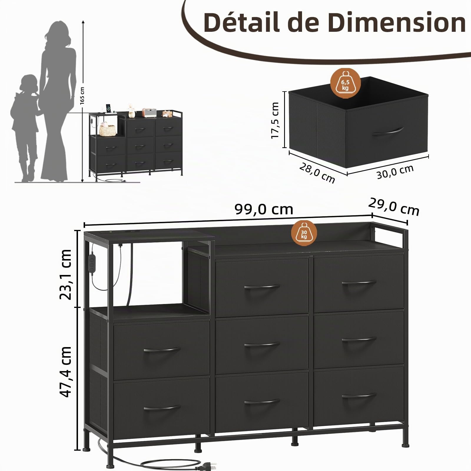 Somdot Commode Chambre Connectée, Commode LED par APP ou Button avec Station de Charge, Meuble de Rangement en Tissu, Dortoir, Salon, Entrée, 8 Tiroirs, Noir