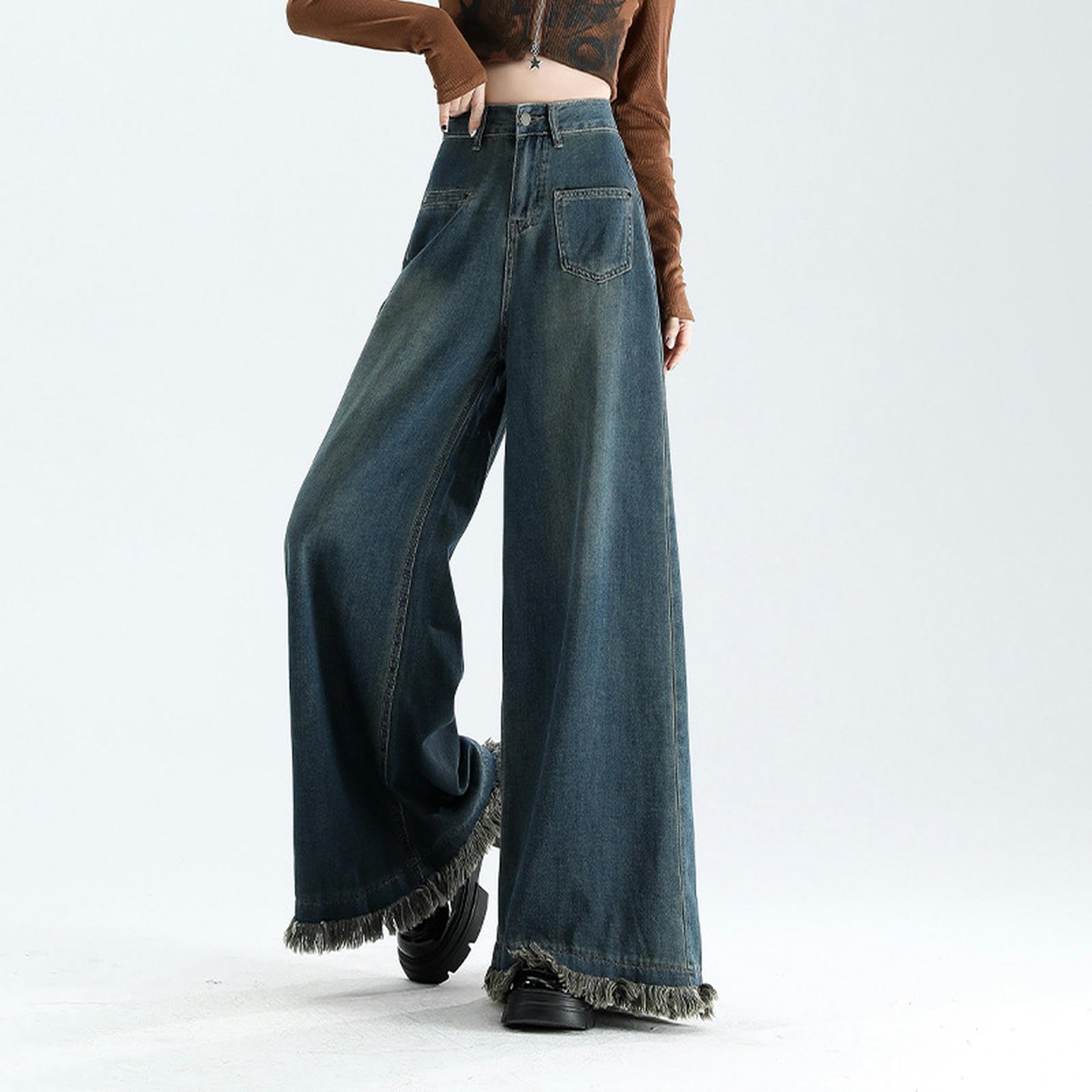 Jeans a Gamba Larga per Donna, Vita Alta, Larghi, alla Moda, Pantaloni a Gamba Larga Gonna - Bordo a Gamba Larga - M