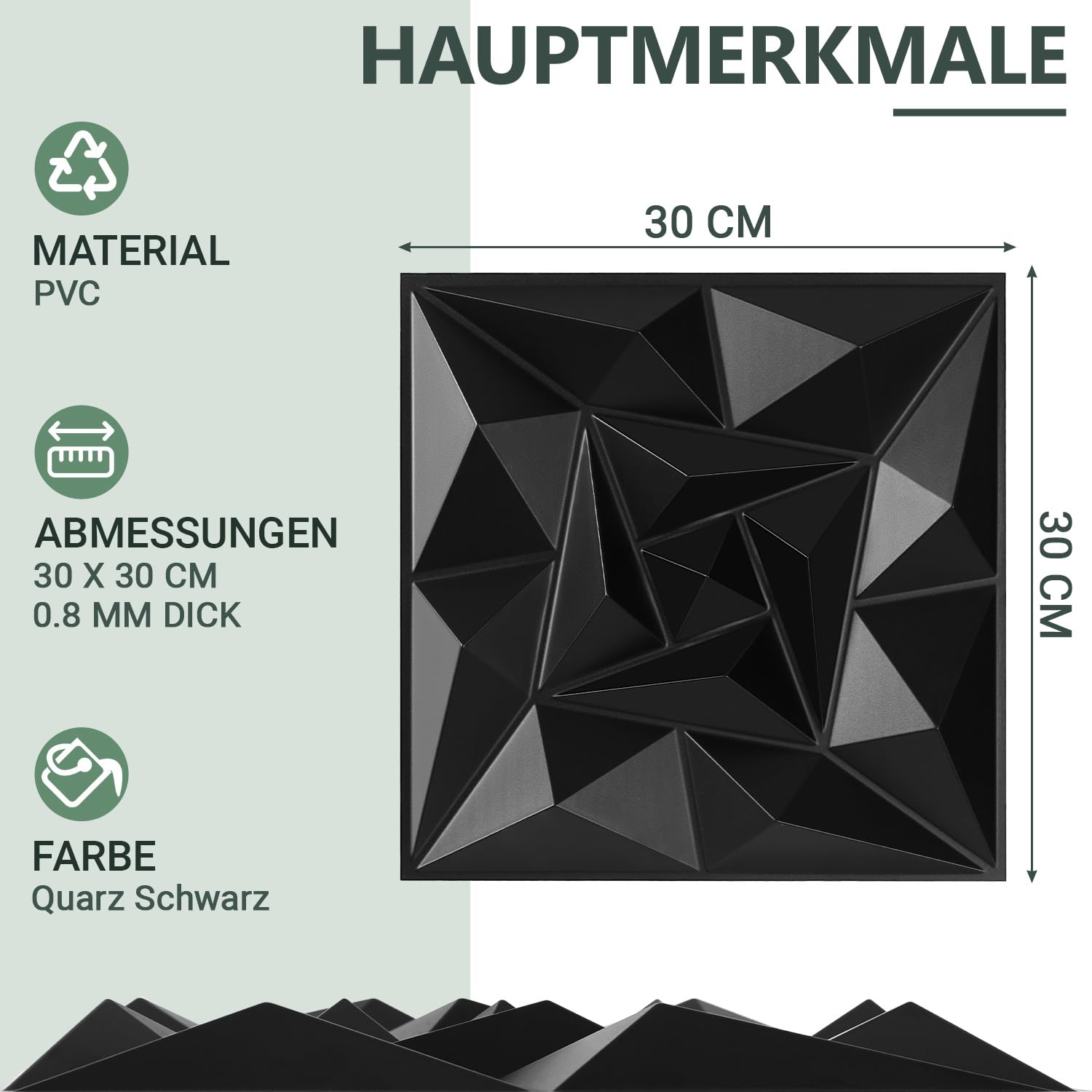 Panele ścienne 3D 30 x 30 cm, kwarc czarny, 24 sztuki (2,16 m²)