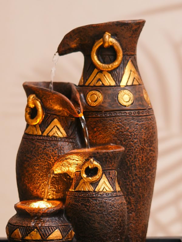 Image of Polyresin Brown & Golden Designer Table Top Jug Style Indoor 3 Steps Home Decor Water Fountain with Yellow LED Light & Water Flow Controller Pump (Size: 40 x 29.5 x 22CM | Weight: 2095grm)