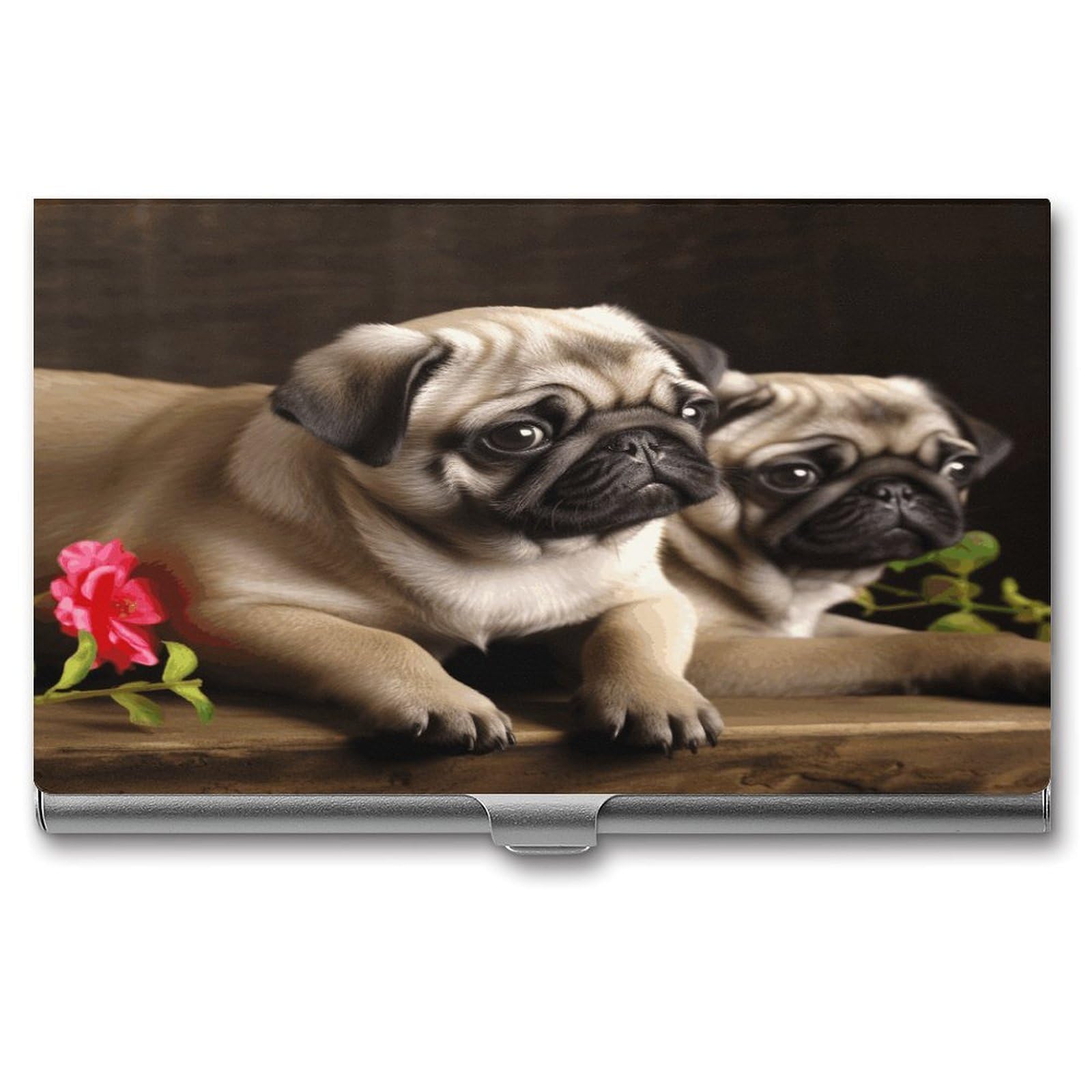 JTREHY Puppys Pug Business Card Holder Slim Purse Name Card Holder Portable Metal Business Card Case Wallet Large Capacity Lightweight Business Card Case for Men Women