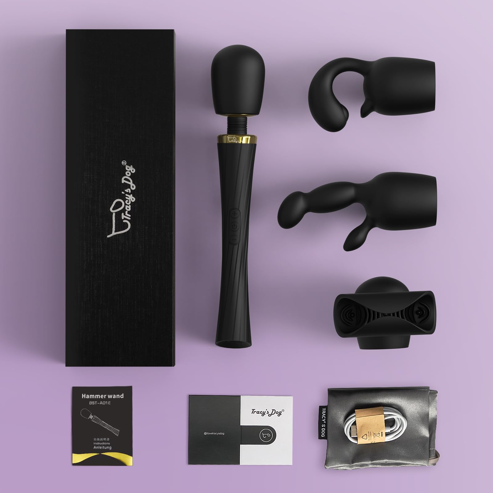 Tracy's Dog Wand Vibrator Kit, Cordless Massager with 4 Silicone Attachments for Clitoral, G-Spot, Anal & Penis Stimulation, Adult Sex Toys Sets with 3 Speeds & 5 Patterns for Couples & Women Pleasure