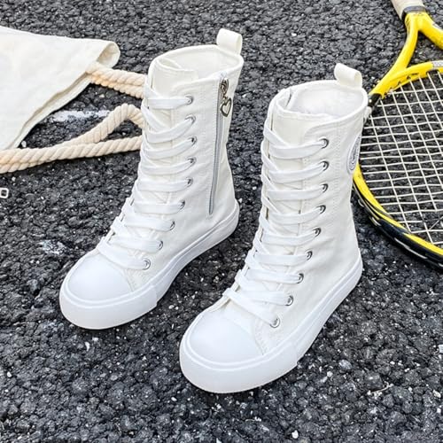 Amtopiyo Little Girls' Fancy Mid-Calf Canvas Boots Lace-Up Side Zipper Casual Sneakers2