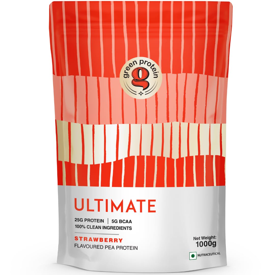 Ultimate Vegan Plant Pea Protein Isolate Powder 25gm Protein, 5g BCAA Per Serving, No Added Sugar | Fortified with 17 Vitamins & Minerals | Strawberry Flavor (1kg)