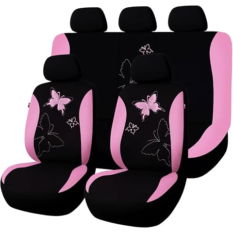 Flying Banner Butterfly car seat Covers ful Set Fashion Universal Lady Woman Female Rear Bench Split Colorized (Pink, Full Set - Lace)