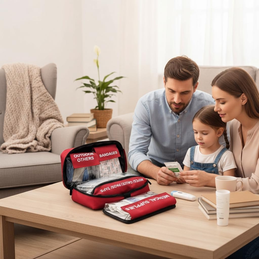 350 Piece Premium First Aid Kit - Large Emergency Medical Kit for Home, Car, Office, Camping, Hiking & Travel - Comprehensive First Aid Bag with Guide (Red)