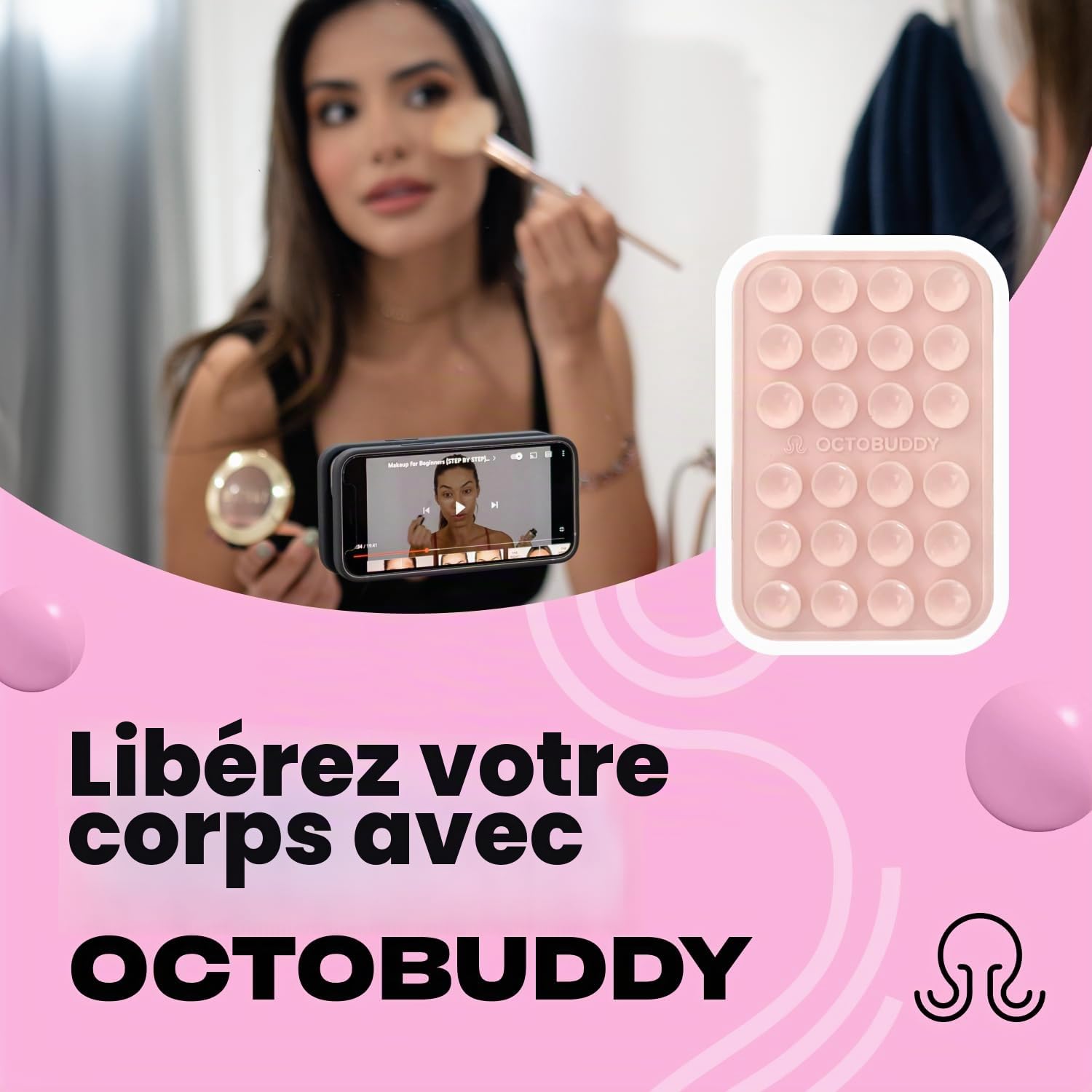 OCTOBUDDY Max || Support adhésif en Silicone pour Coque de téléphone || Compatible avec iPhone et Android, Support d'accessoires Mains Libres antidérapant pour Selfies et vidéos (Max - Rose Craie)
