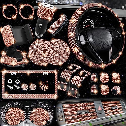NBTEPEM 27 PCs Gold Champagne Bling Car Accessories Set for Women, Steering Wheel Covers Universal Fit 15 Inch, Bling License Plate Frame, Bling Phone Holder, Bling Car Coasters
