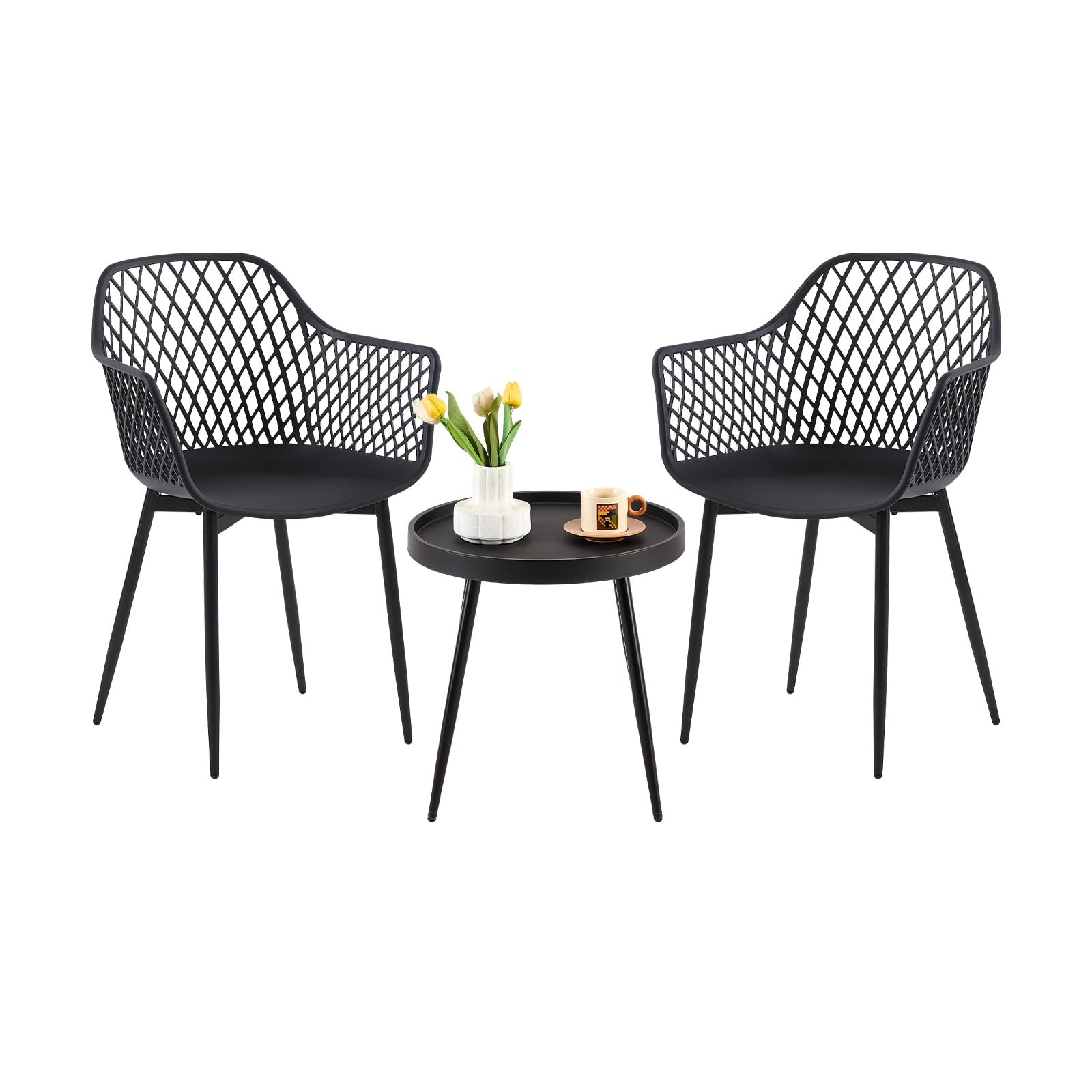 Juego de muebles de jardín 2 sillas de jardín + mesa, muebles de balcón para exteriores, juego de muebles de jardín de plástico para balcón, terraza y jardín, color negro