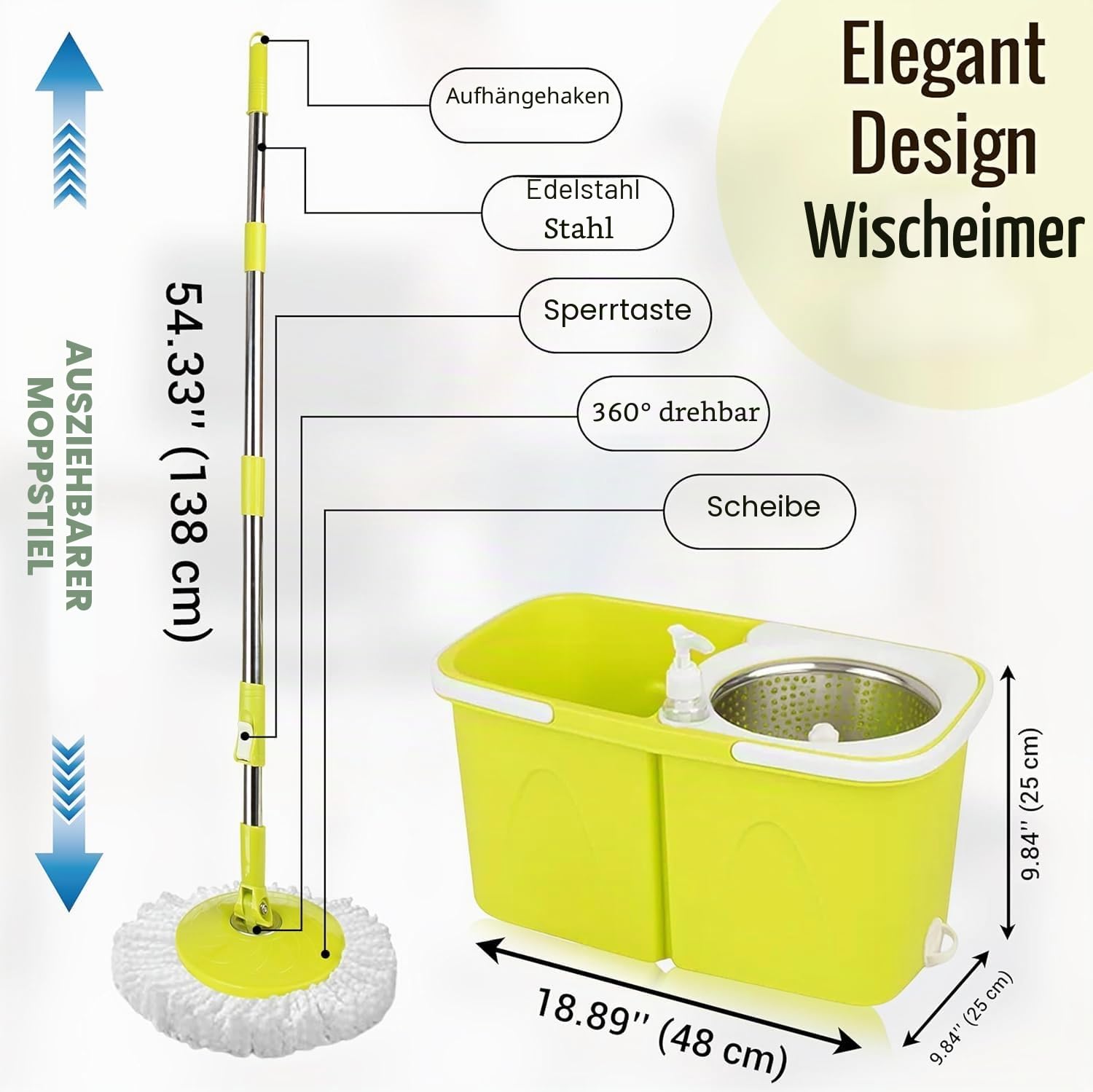 ARSUK Wischmopp Set mit Eimer und Auswringfunktion – Bodenwischer Set für Haushalt | Putzeimer mit Wischmop & 360° Drehmopp – Ideal für Parkett, Fliesen & Laminat | 4 Ersatzköpfen und 1 Mopphalter