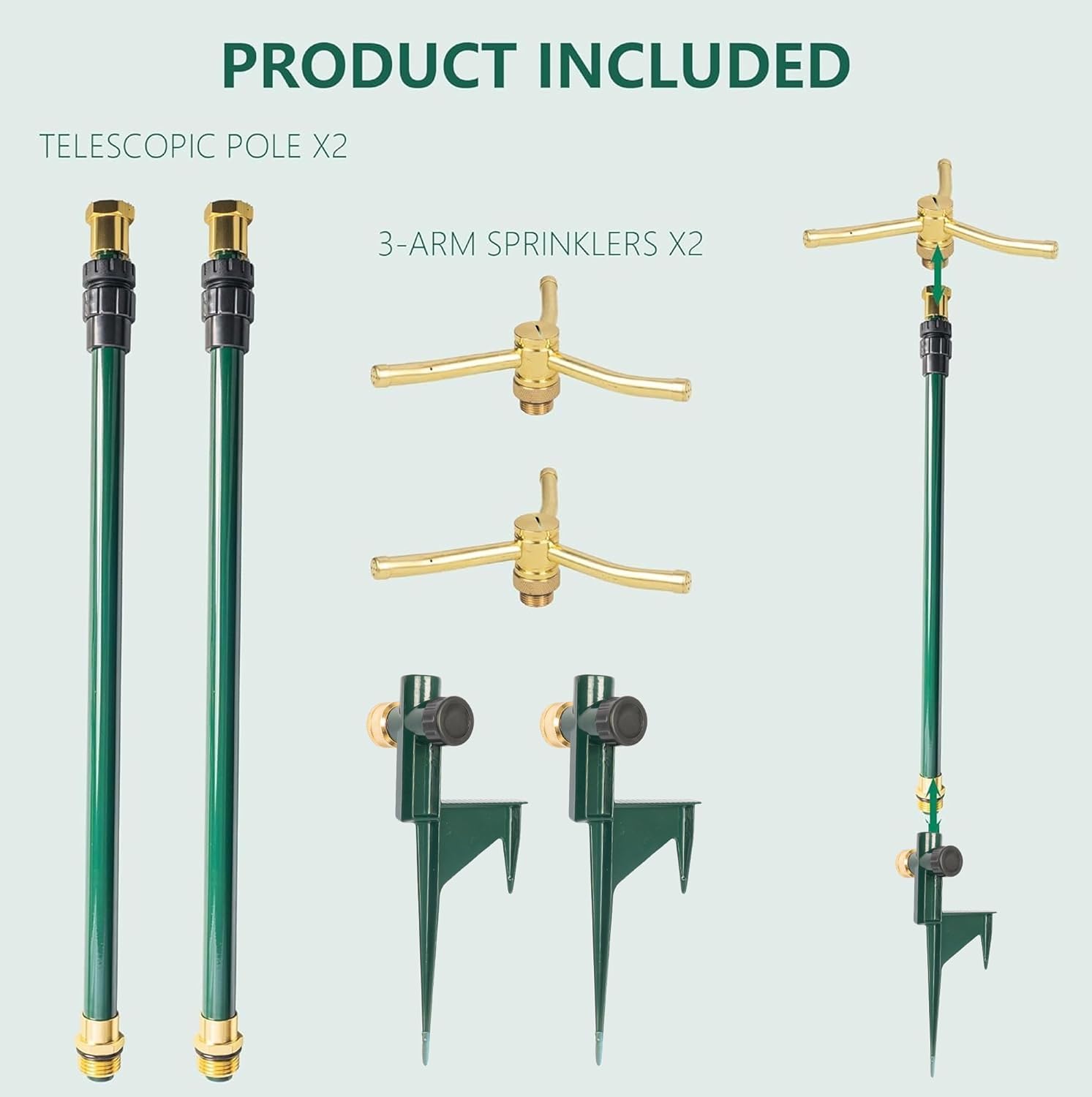 Hourleey Irrigatore da giardino a 3 bracci, confezione da 2 irrigatori per prato con base telescopica regolabile, rotazione di 360 gradi per una copertura di grandi aree, sistema di irrigazione del
