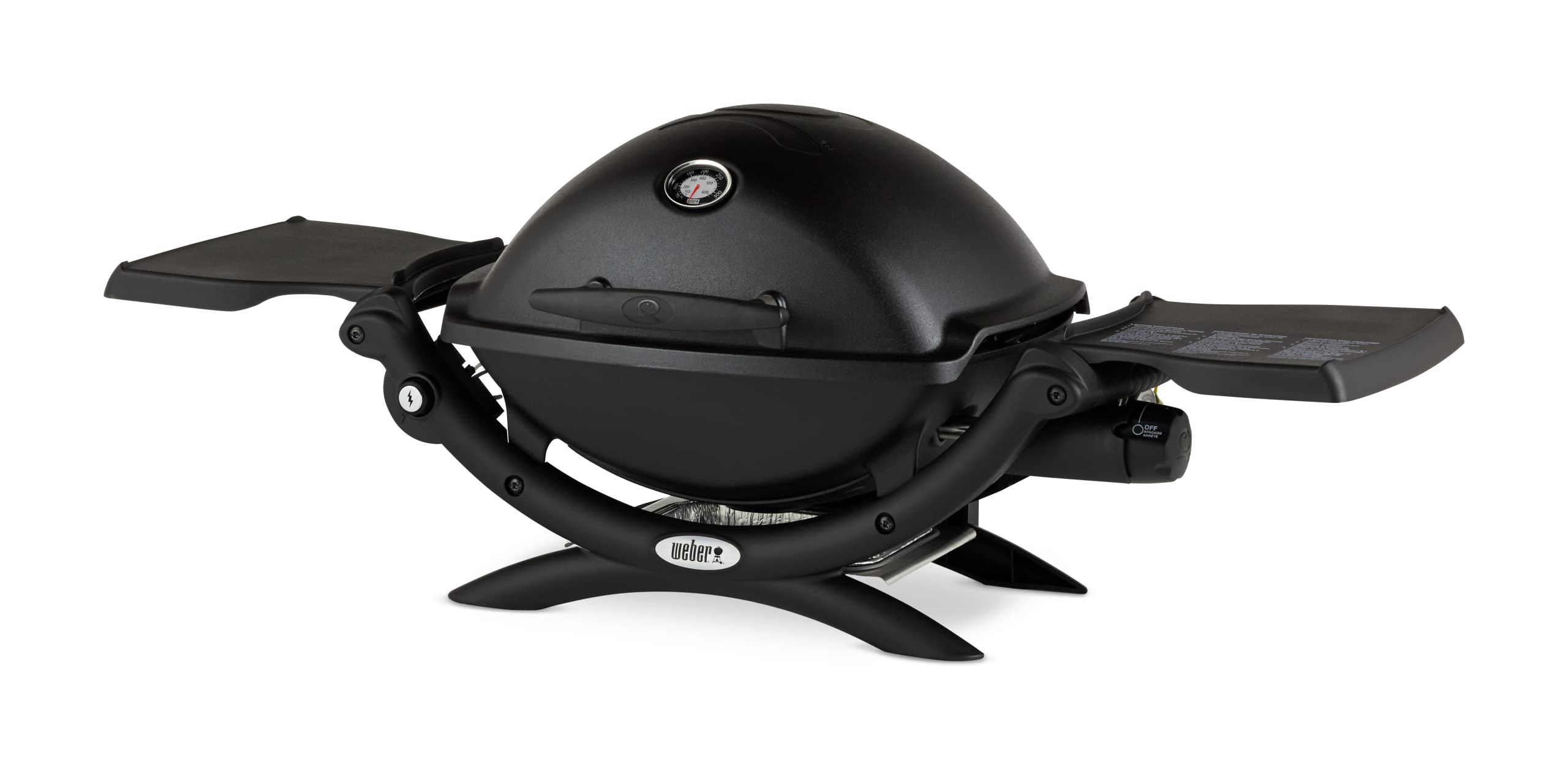 Weber Q 1200 Gasgrill, 43 x 32cm Grillfläche, Portable, 1 Brenner, 2-geteilter porzellanemaillierter Guss-Grillrost, mit Deckelthermometer - Schwarz