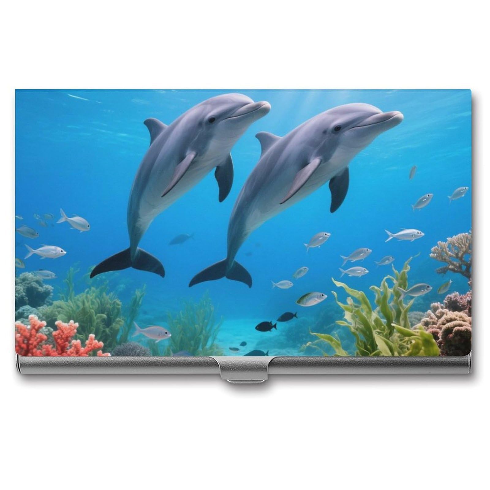 DWVTSLH Dolphin Business Card Holder, Slim Portable Metal Business Card Case Pocket Wallet Professional Name Cards Holder for 22-30 Cards, Credit Card ID Case/Holder for Men Women