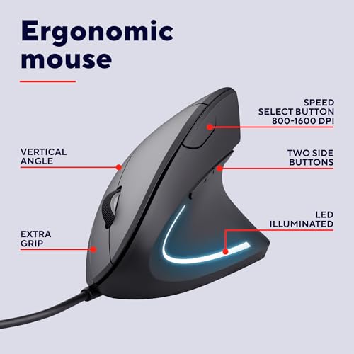 Trust Verto Wired Ergonomic Mouse, Vertical Mouse with LED Illumination, 1000-1600 DPI, 6 Buttons, for Right Hand Users, Computer Mouse for PC and Laptop - Black - Image 3