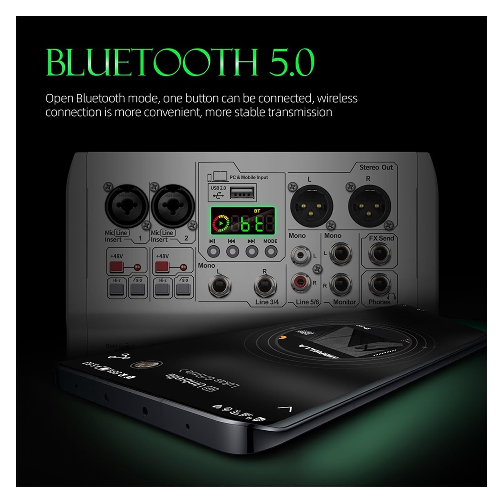 Mixer DJ Console 99 Effetti DSP Mixing Console PRMX-6 Con 5.0 BT 24bit/192k for Registrazione Strumenti Musicali,Ultra-preciso