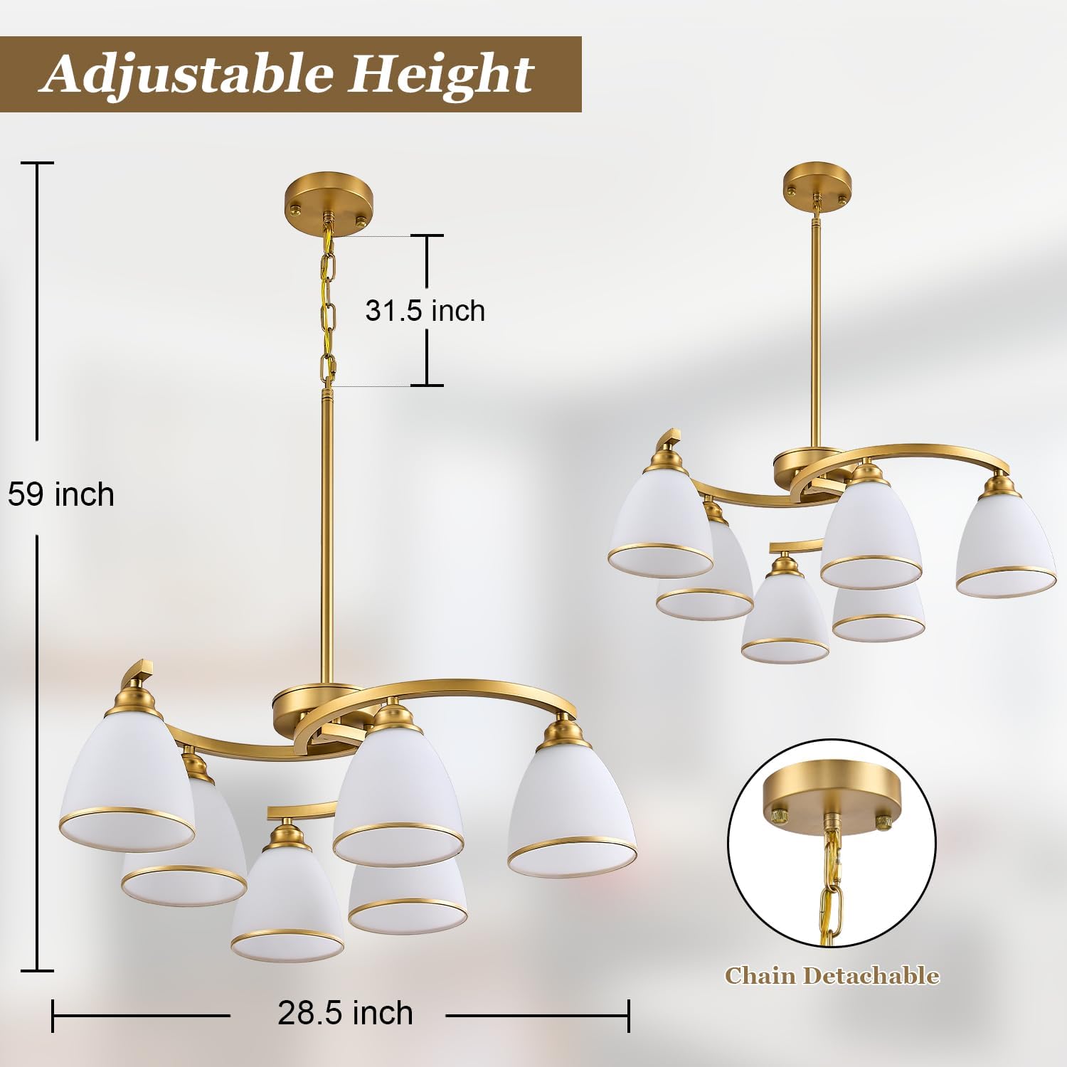 6-Light Modern Gold Chandeliers for Dining Room 59"Max Adjustable Height Farmhouse Pendant Light with Frosted Glass Shades, Metal Hanging Lamp for Kitchen Island, Dining Table, Entryway, Hallway