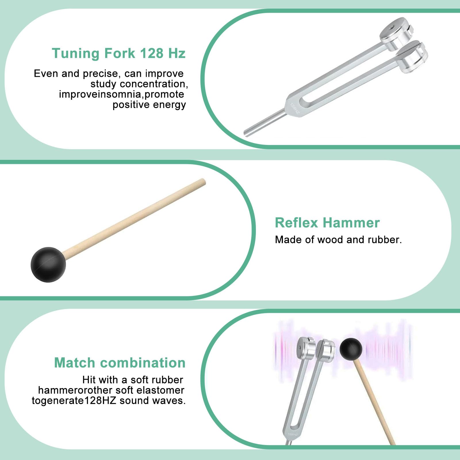 128hz Tuning Fork Hammer, Aluminium Alloy Tuning Fork with Silicone Hammer for Healing DNA Repair Healing Sound Therapy for Meditation - Image 3