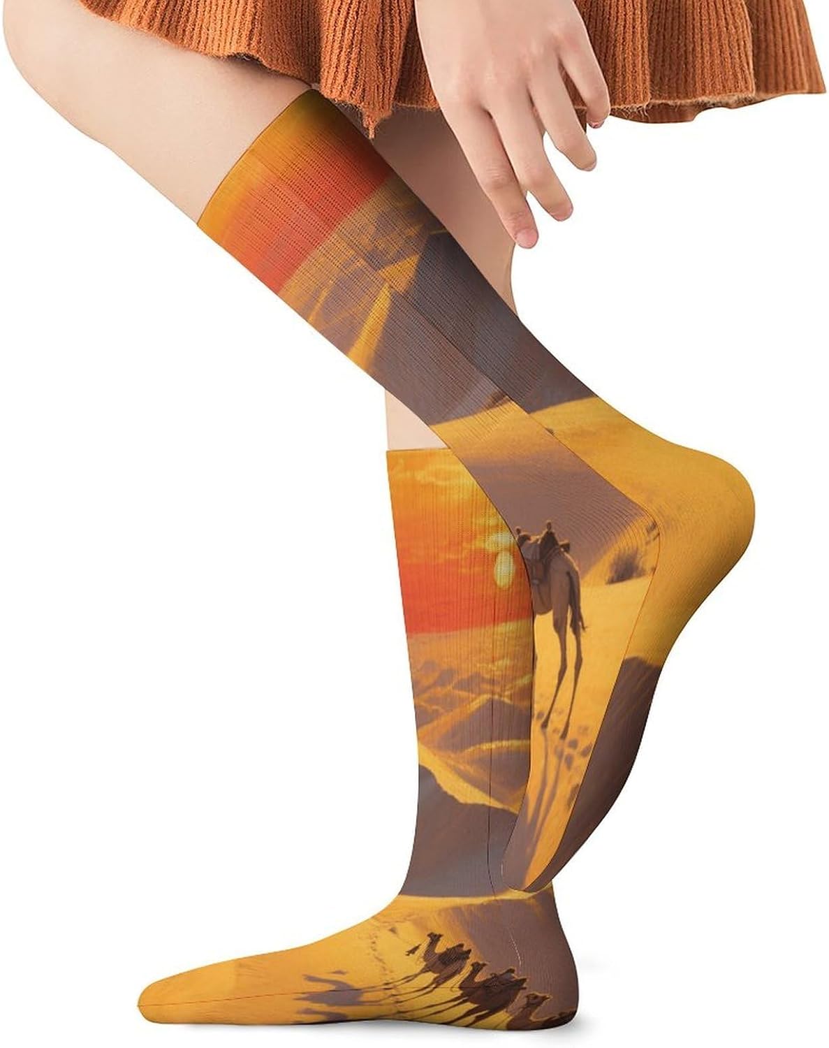 Desert Camel Bells at Dusk Crew Socks High Stocking Thermal Socks | Tube Socks-Breathable-Moisture-Soft-wicking for Hospital Pilates Yoga for women men Grippy for office and daily walking