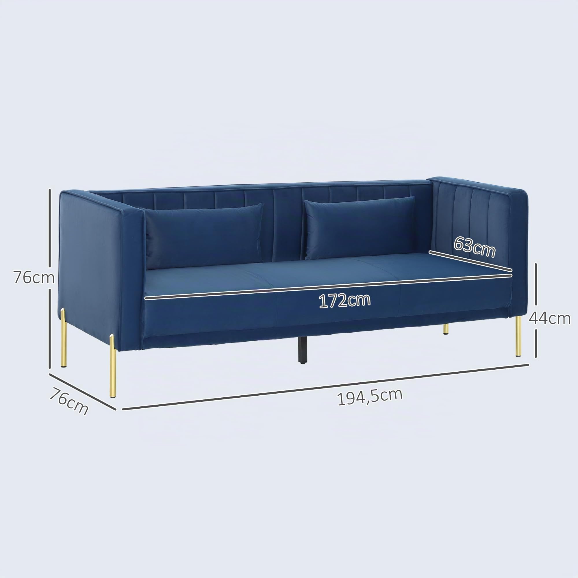 HOMCOM Sofá de 3 Plazas con Tapizado en Terciopelo 194,5 cm Azul Marino | Sofá de Salón, para Sala de Estar, 2 Cojines, Reposabrazos, Patas Doradas